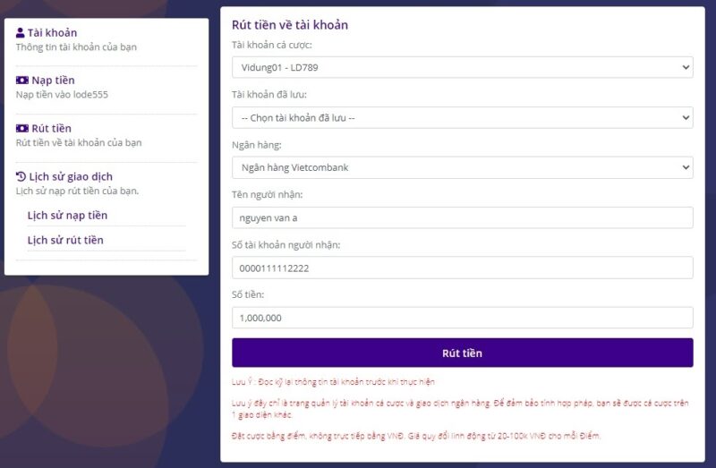Thủ tục rút tiền tại nhà cái LD789