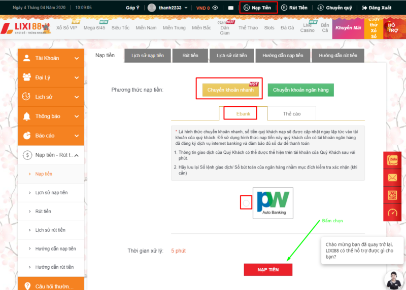 Gửi và rút tiền tại nhà cái Lixi88 nhanh chóng